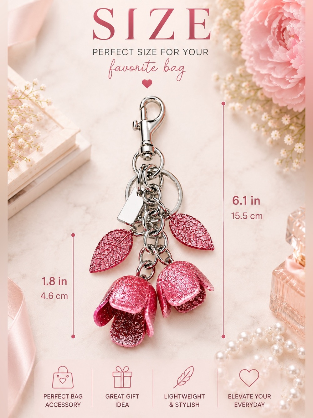 Tea Rose Style Pink Glitter Bell Flower Bag Charm - Picture 4 of 4
